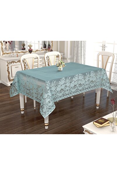 WENESSİ Örme Tül Kumaş Güllü Desenli Masa Örtüsü 160x160 (MAVİ)