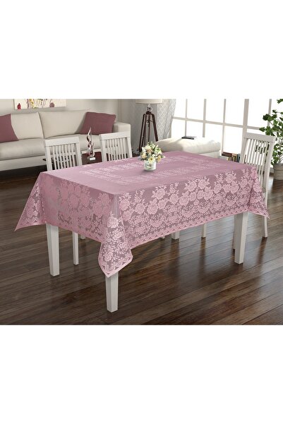 WENESSİ مفرش طاولة من التول المحبوك بتصميم وردي - 160x160 بودرة