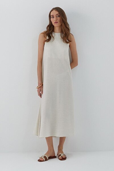 MARKALİSTE Αμάνικο Λινό Μίντι Φόρεμα Λευκό