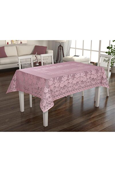 WENESSİ Față de masă din tul tricotat cu model trandafiri - 110x160 (PUDRA)