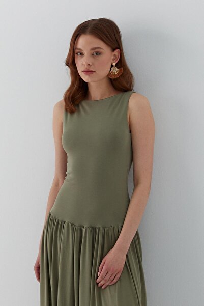 MARKALİSTE Büzgü Detaylı Maksi Elbise Haki