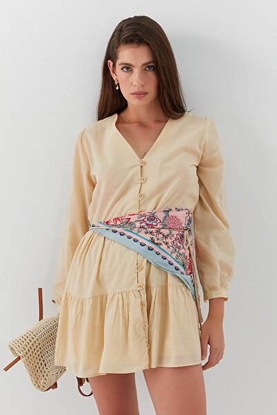 MARKALİSTE Belted Buttoned Mini Dress Beige