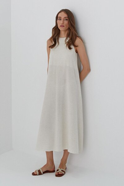 MARKALİSTE Αμάνικο Λινό Μίντι Φόρεμα Λευκό