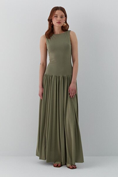 MARKALİSTE Büzgü Detaylı Maksi Elbise Haki