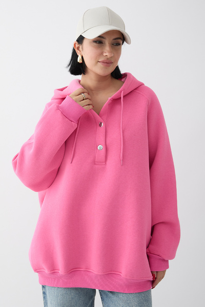 InStyle Çıtçıt Yaka Kapüşonlu Pembe Sweat