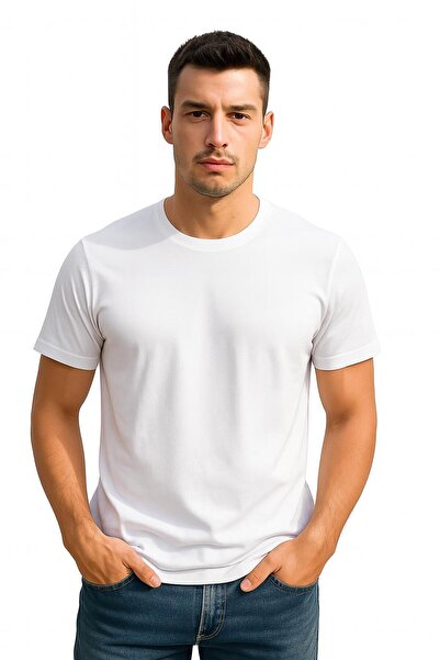 getbrosp Erkek Beyaz Kısa Kollu Basic Tişört - Rahat Kalıp, Pamuklu Kumaş