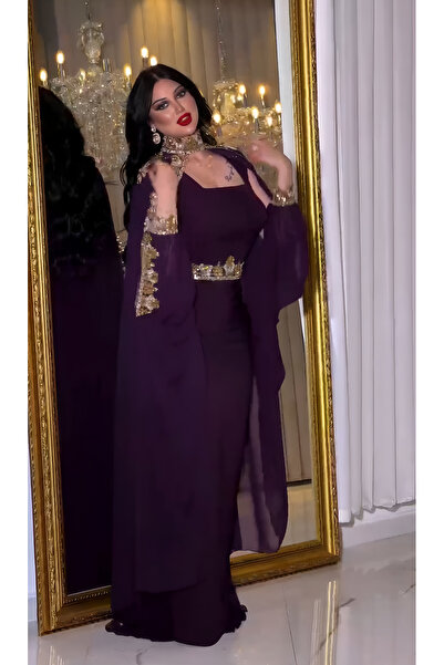 NHMODA UZUN AKIŞKAN PELERİNLİ TAŞ İŞLEMELİ ŞIK ABİYE