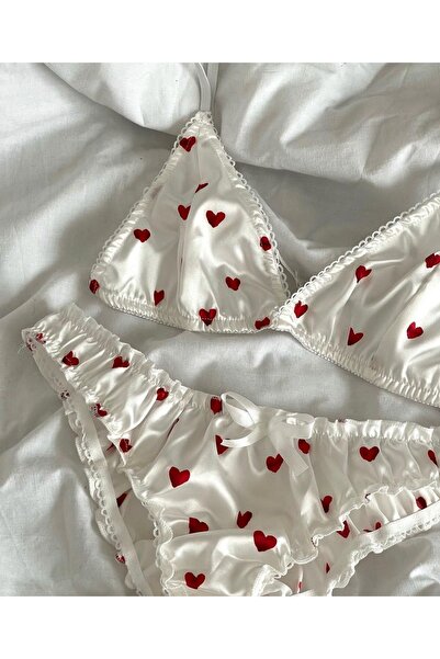 SanalBarkod Saten Kalp Desenli Kadın İç Çamaşır Takımı Sütyen & Külot Seti