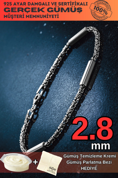 OSMANLI GÜMÜŞ Kare Parçalı Erkek Kral Gümüş Bileklik Künye 2,8mm Orta Kalınlıkta