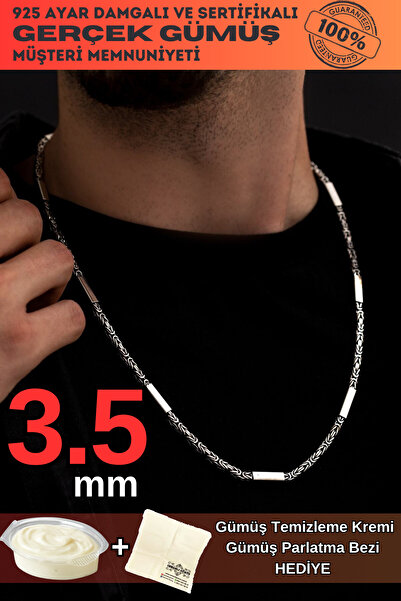 OSMANLI GÜMÜŞ 3,5mm Kral Gümüş Erkek Kolye Zincir Kare Parçalı Şarnelli Model