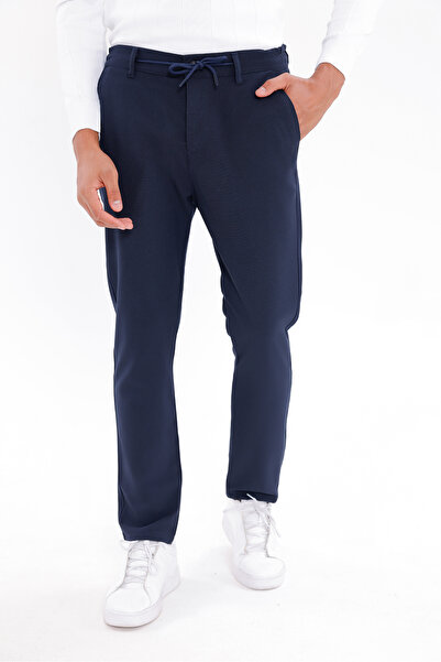 Firststops Men's Navy Blue Linen Look Comfortable Fit Breathable Lace-Up Trousers