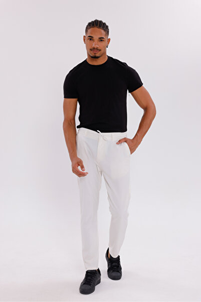 Firststops Men's Off-White Linen-Look Comfortable Fit Breathable Lace-Up Trousers