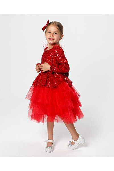 miço kids Kırmızı Payetli Peplumlu Çocuk Abiye Elbise