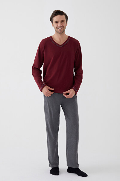 koza iç giyim Erkek Pamuklu Uzun Kollu Ara Biyeli Cep Detaylı Pijama Takımı