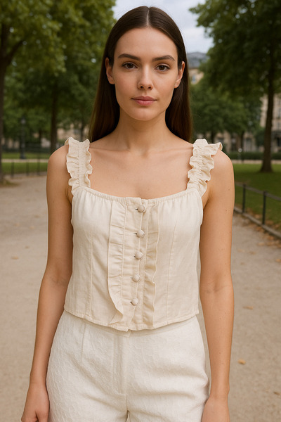 ConalBRT توب قصير بحمالات كريمية بأسلوب رومانسي – مزيج يومي وفريد