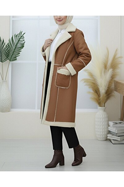 Modamorfo İçi Peluşlu Çıtçıtlı Cepli Deri Mont -Taba