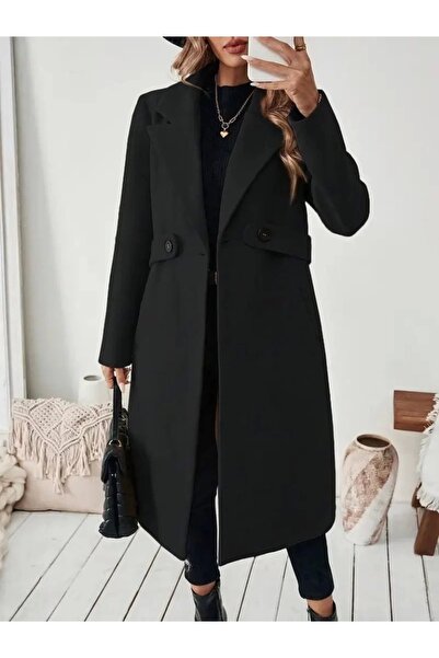 ALPACO Women's Long Sleeve Collared Waist Ribbon Button Detailed Pocketed Mini Cashmere Coat