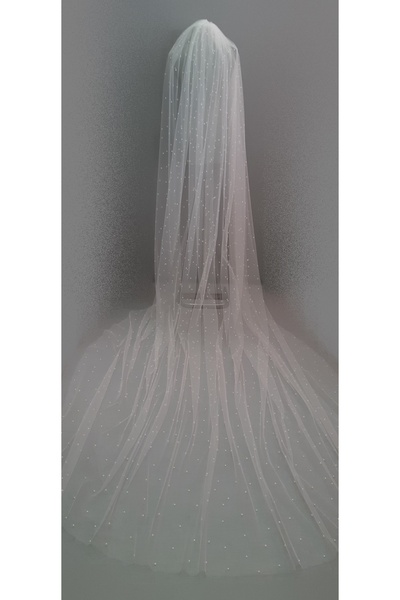 Suzanna Moda Ful Incili 3mt Boy 3mt Eni Tek Kat Kırık Beyaz Taraklı Hayal Tül Gelin Duvağı