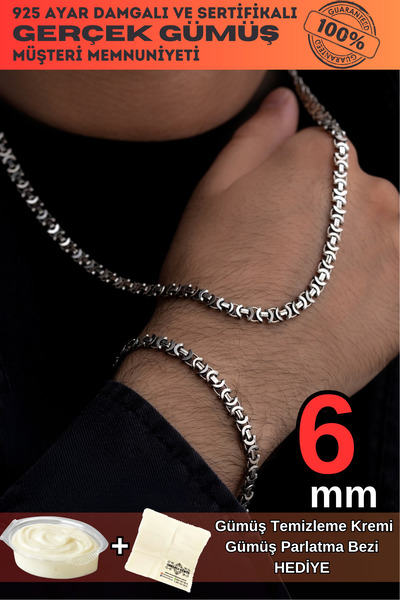 OSMANLI GÜMÜŞ Erkek 6 mm Oksitli Euro Kral Kolye Bileklik Gümüş Set