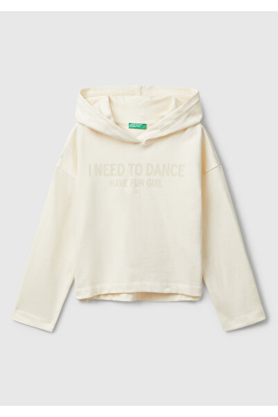 United Colors of Benetton Kız Çocuk Ekru Önü Yazı Baskılı Arkası Uzun Kapüşonlu Sweatshirt