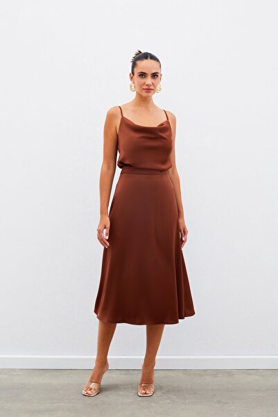 Sateen Midi Boy Saten Etek - Kahve