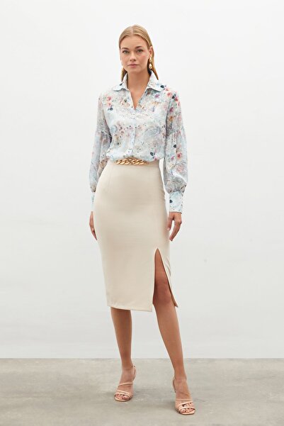 Sateen Zincir Detaylı Kalem Etek - Bej