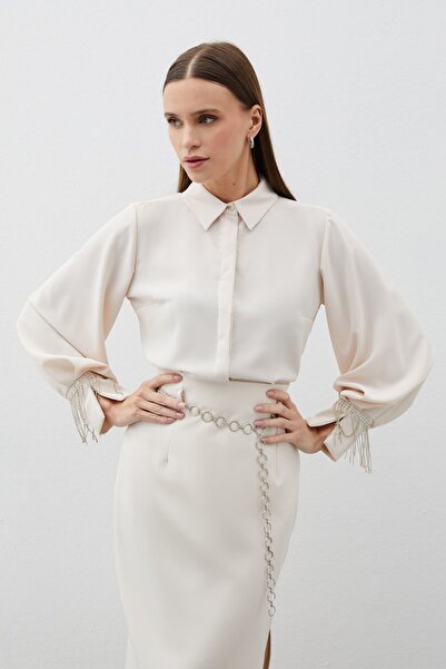 Sateen Πουκάμισο με αξεσουάρ στις μανσέτες - Μπεζ