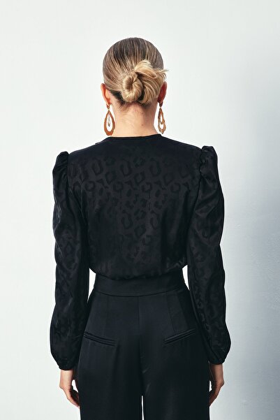 Sateen Kruvaze Desenli Bodysuit Bluz - SİYAH