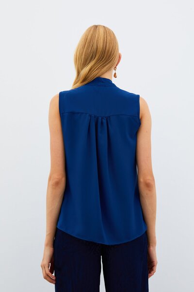 Sateen Fularlı Kolsuz Bluz - LACİVERT