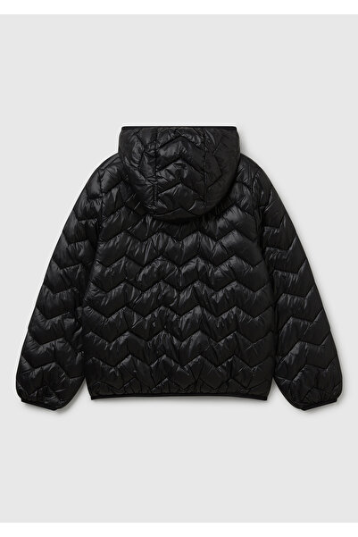 United Colors of Benetton Kız Çocuk Siyah Simli Logo Detaylı Kapüşonlu Mevsimlik İnce Mont