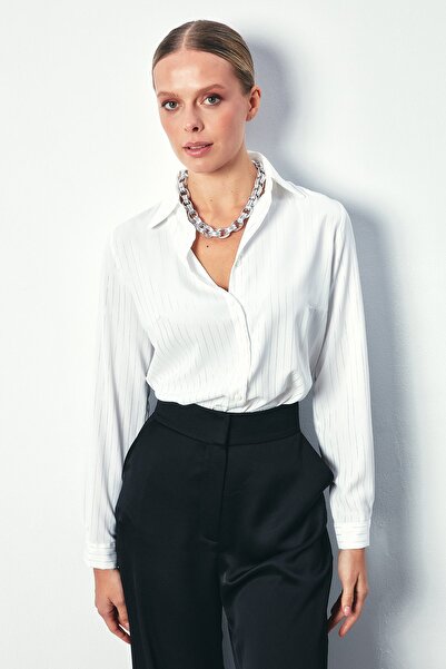 Sateen Shiny Striped Classic Shirt - Ecru