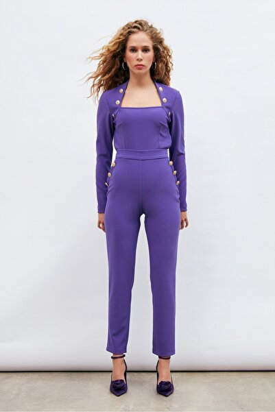 Sateen Pantaloni cu detaliu nasturi - violet