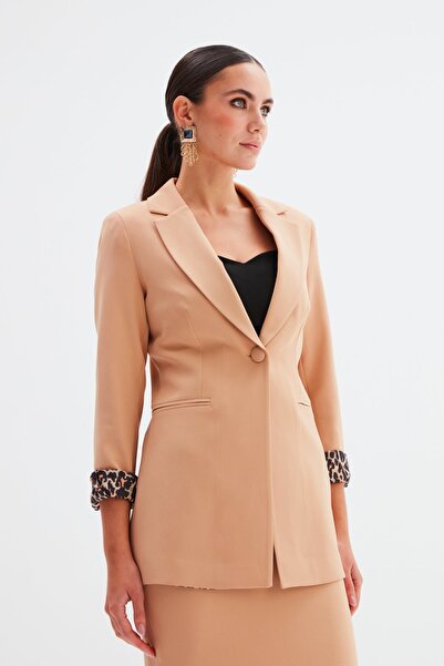 Sateen Mono Yaka Klasik Ceket - Açık Camel