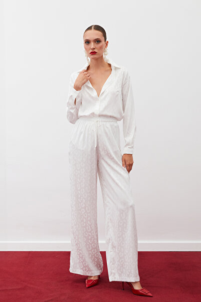 Sateen Bel Lastikli Desenli Pantolon - Ekru