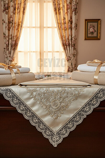 Çt Çeyizci Tekstil Fransız Güpürlü Işlemeli, Çeyizlik Saten Lüks Bohça, Nişan Bohçası,kapi Kumaş Kapi Dantel