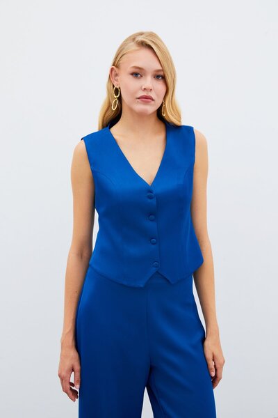 Sateen Krep Saten Yelek - MAVİ