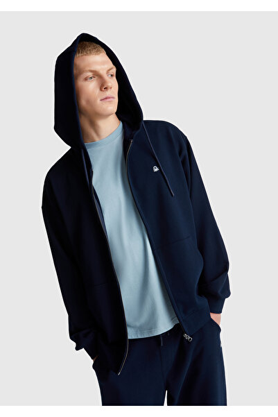 United Colors of Benetton Синій чоловічий світшот - 100% бавовна, вузький крій, на блискавці, з капюшоном