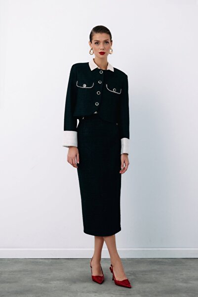 Sateen Süs Düğmeli Tüvit Kalem Etek - SİYAH