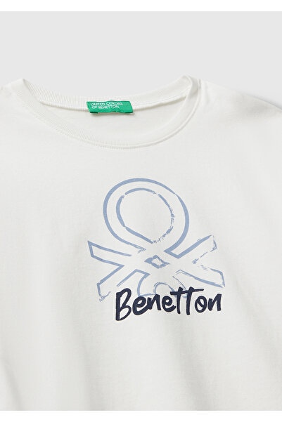 United Colors of Benetton Boy's Ecru Organic Cotton Long Sleeve Jersey T-Shirt with Logo Printed on the Front