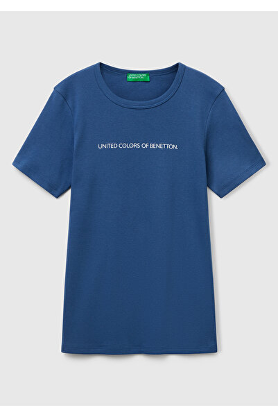 United Colors of Benetton Γυναικείο Μπλουζάκι Benetton Basic με Στάμπα από 100% Βαμβάκι σε Μπλε Λουλάκι