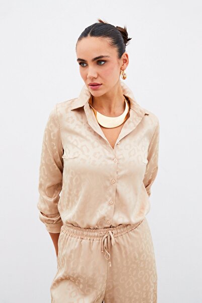 Sateen Desenli Saten Gömlek - Camel