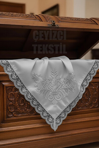Çt Çeyizci Tekstil Fransız Güpürlü Işlemeli, Çeyizlik Saten Lüks Bohça, Nişan Bohçası - Gri