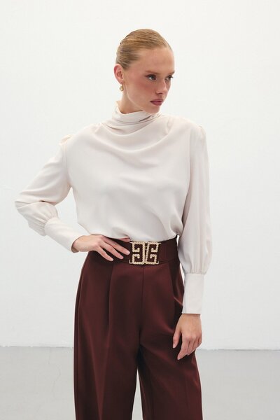 Sateen Beige Color Drape Detailed Blouse