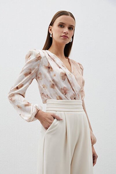 Sateen Çift Desenli Kruvaze Bodysuit Bluz - VİZON