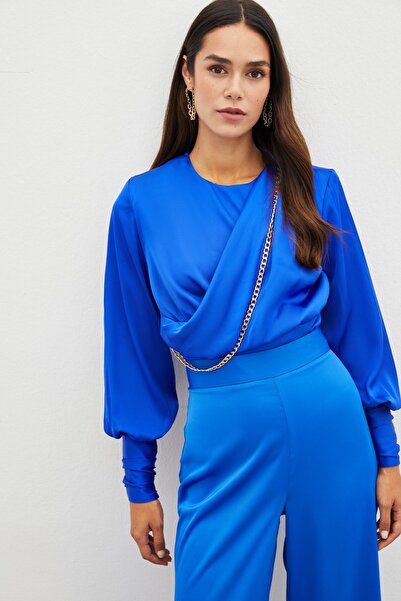 Sateen Ön Zincirli Saten Bluz - SAX MAVİ