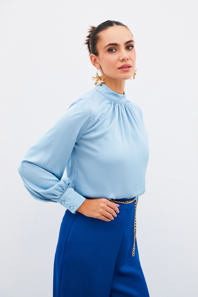 Sateen Collar Detailed Satin Blouse - Baby Blue