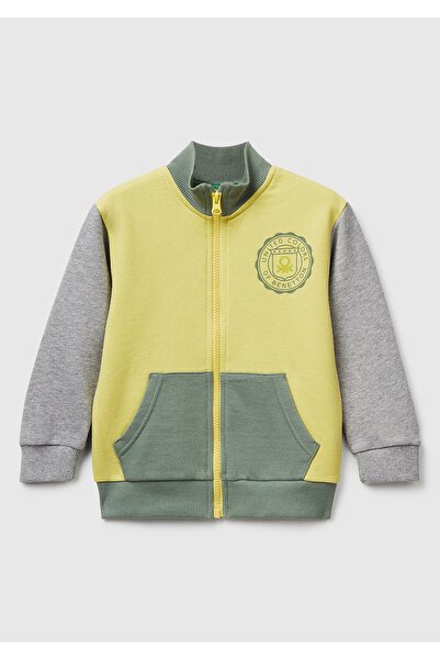 United Colors of Benetton Hanorac pentru băieți, galben-gri, cu detaliu de logo, cu fermoar în față și detaliu din ribață