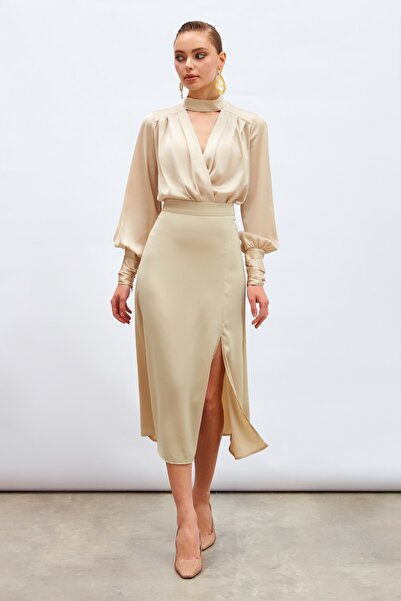 Sateen Yırtmaçlı Saten Etek Bej