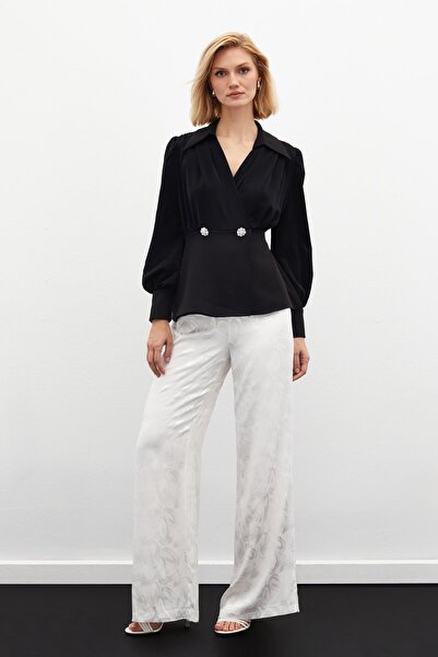 Sateen Gömlek Yakalı Bluz - SİYAH