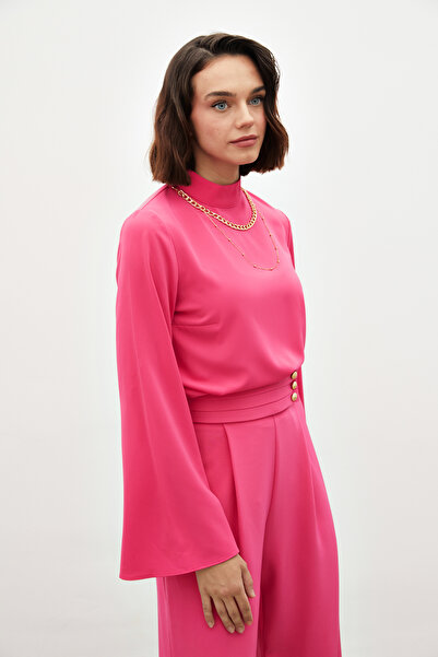 Sateen Kolyeli İspanyol Kol Bluz - Fuşya